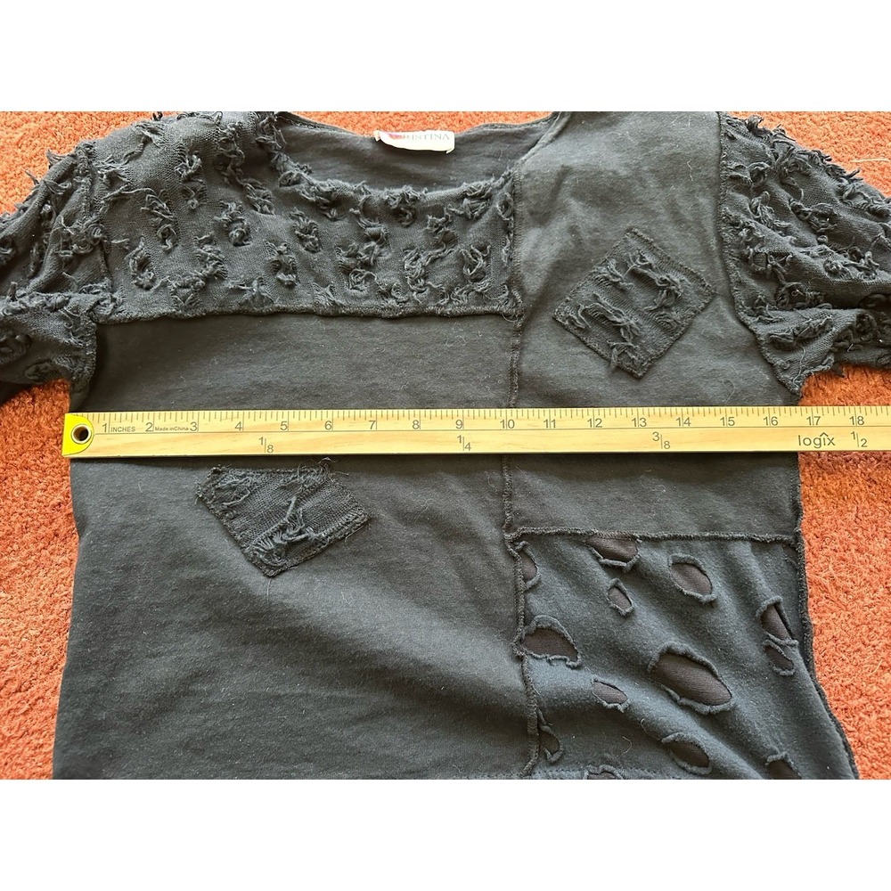 Christina Vintage Black 3/4 Sleeve Textured Top‎ Blouse Distressed - Picture 5 of 7